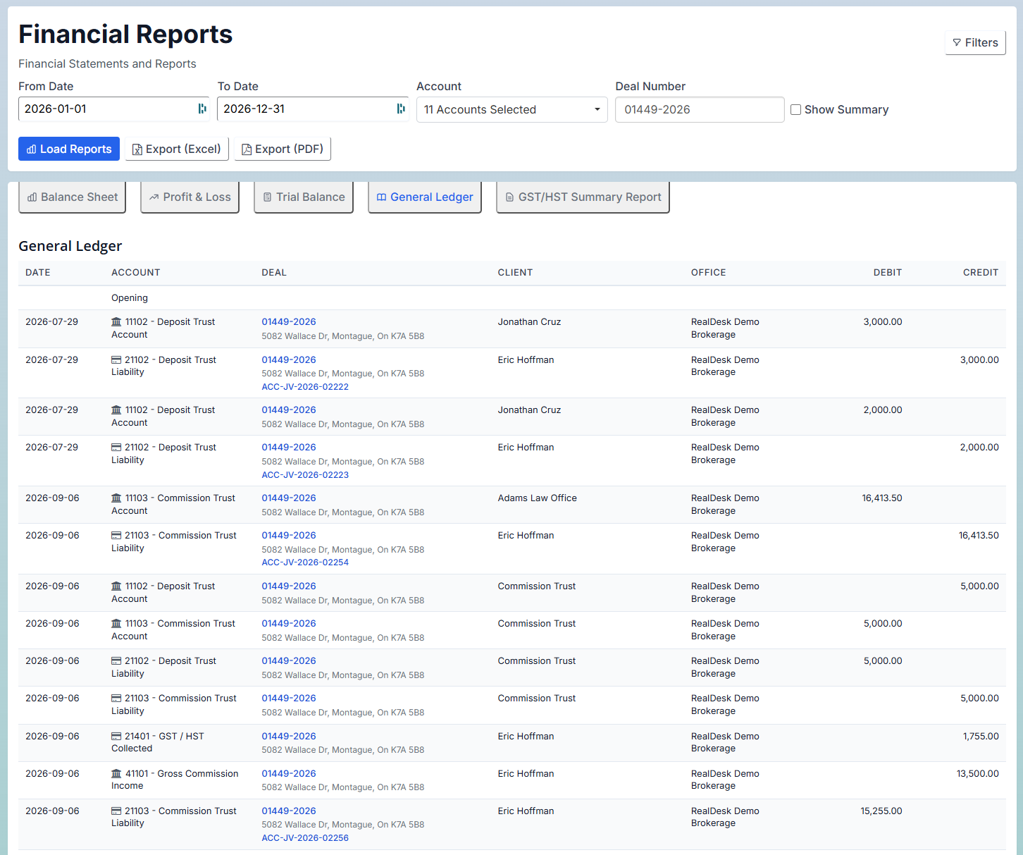 RealDesk Accounting view showing brokerage financial activity