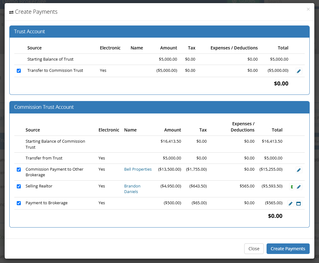 RealDesk commission calculation showing splits, fees and deductions