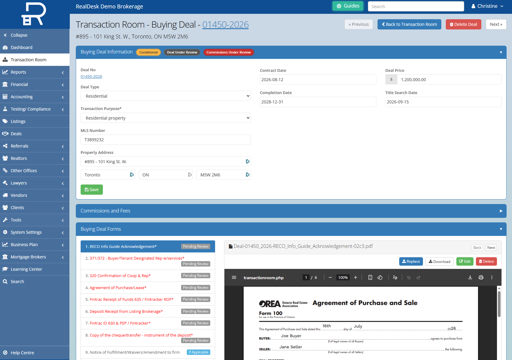 RealDesk Transaction Room showing documents, requirements and review status